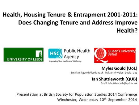 Health, Housing Tenure & Entrapment 2001-2011: Does Changing Tenure and Address Improve Health? Myles Gould (UoL)   ac.uk Twitter: