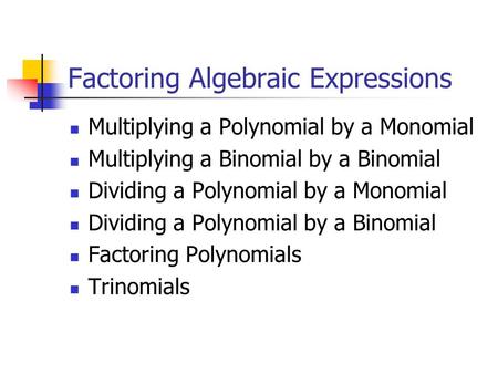 Factoring Algebraic Expressions Multiplying a Polynomial by a Monomial Multiplying a Binomial by a Binomial Dividing a Polynomial by a Monomial Dividing.