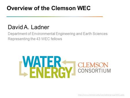 Overview of the Clemson WEC David A. Ladner Department of Environmental Engineering and Earth Sciences Representing the 43 WEC fellows