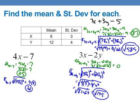 Find the mean & St. Dev for each. MeanSt. Dev X83 Y124.