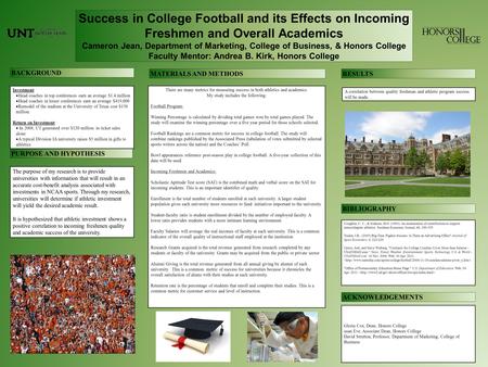 Success in College Football and its Effects on Incoming Freshmen and Overall Academics Cameron Jean, Department of Marketing, College of Business, & Honors.