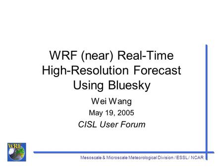 Mesoscale & Microscale Meteorological Division / ESSL / NCAR WRF (near) Real-Time High-Resolution Forecast Using Bluesky Wei Wang May 19, 2005 CISL User.
