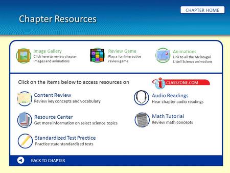 Chapter Resources CHAPTER HOME BACK TO CHAPTER Content Review Review key concepts and vocabulary Math Tutorial Review math concepts Resource Center Get.