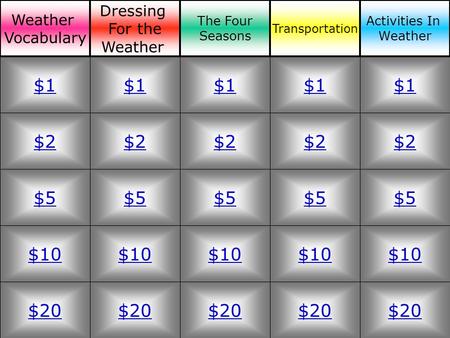 Made by CME $2 $5 $10 $20 $1 $2 $5 $10 $20 $1 $2 $5 $10 $20 $1 $2 $5 $10 $20 $1 $2 $5 $10 $20 $1 Weather Vocabulary Dressing For the Weather The Four Seasons.