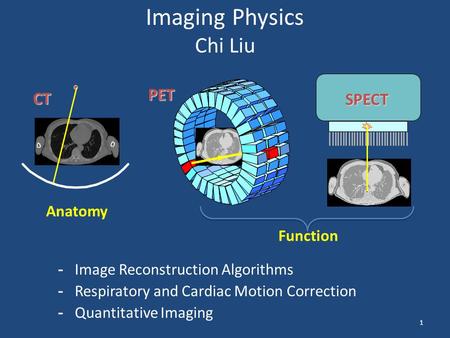 1 Imaging Physics Chi Liu CT PET SPECT -Image Reconstruction Algorithms -Respiratory and Cardiac Motion Correction -Quantitative Imaging Anatomy Function.