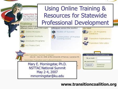 Using Online Training & Resources for Statewide Professional Development Mary E. Morningstar, Ph.D. NSTTAC National Summit May 2-4, 2007