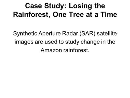 Case Study: Losing the Rainforest, One Tree at a Time Synthetic Aperture Radar (SAR) satellite images are used to study change in the Amazon rainforest.