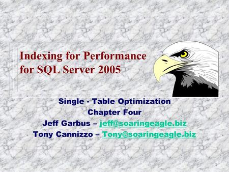 1 Indexing for Performance for SQL Server 2005 Single - Table Optimization Chapter Four Jeff Garbus – Tony Cannizzo.