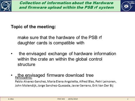 Collection of information about the Hardware and firmware upload within the PSB rf system A. Blas FMC WG 20/01/2010 1 Topic of the meeting: make sure that.