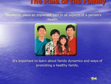 The family plays an important part in all aspects of a person’s health. It’s important to learn about family dynamics and ways of promoting a healthy family.