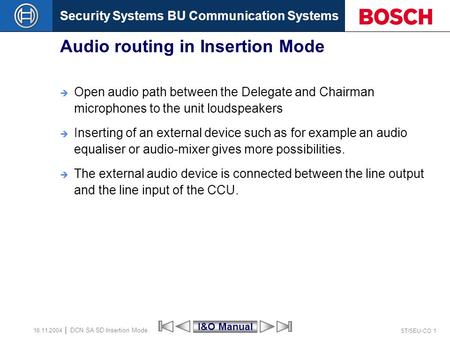 Security Systems BU Communication Systems ST/SEU-CO 1 DCN SA SD Insertion Mode 16.11.2004 Audio routing in Insertion Mode  Open audio path between the.