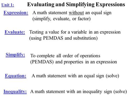 Unit 1: Evaluating and Simplifying Expressions Expression:A math statement without an equal sign (simplify, evaluate, or factor) Evaluate:Testing a value.