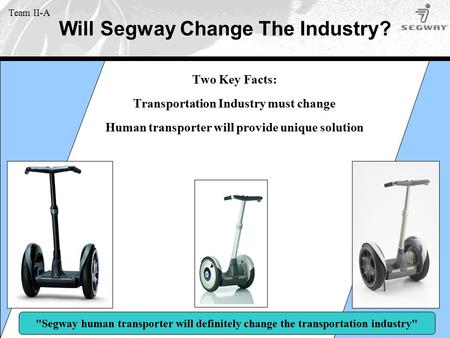 Will Segway Change The Industry? Team II-A Two Key Facts: Transportation Industry must change Human transporter will provide unique solution Segway human.