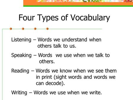 Four Types of Vocabulary Listening – Words we understand when others talk to us. Speaking – Words we use when we talk to others. Reading – Words we know.