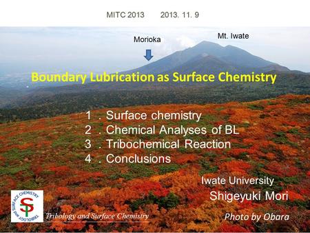 MITC 2013 2013. 11. 9 Boundary Lubrication as Surface Chemistry Photo by Obara Shigeyuki Mori Tribology and Surface Chemistry Iwate University １． Surface.