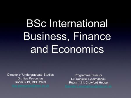 BSc International Business, Finance and Economics Director of Undergraduate Studies Dr. Ilias Petrounias Room 3.19, MBS West