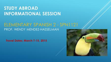 STUDY ABROAD INFORMATIONAL SESSION ELEMENTARY SPANISH 2 - SPN1121 PROF. WENDY MENDEZ-HASSELMAN Travel Dates: March 7-15, 2015.