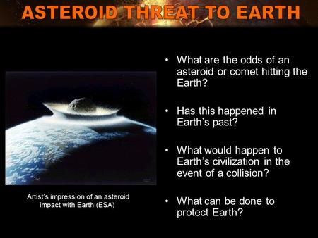What are the odds of an asteroid or comet hitting the Earth? Has this happened in Earth’s past? What would happen to Earth’s civilization in the event.