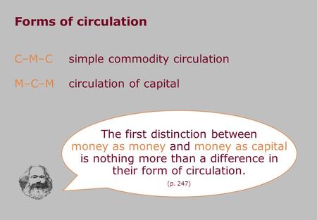 Forms of circulation C–M–C M–C–M The first distinction between money as money and money as capital is nothing more than a difference in their form of circulation.