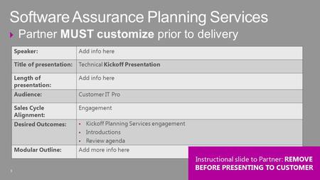 1  Partner MUST customize prior to delivery Software Assurance Planning Services 1 Speaker:Add info here Title of presentation:Technical Kickoff Presentation.