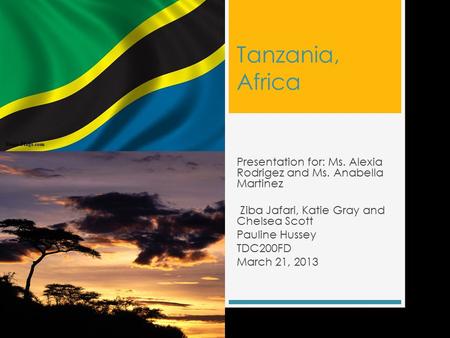 Tanzania, Africa Presentation for: Ms. Alexia Rodrigez and Ms. Anabella Martinez Ziba Jafari, Katie Gray and Chelsea Scott Pauline Hussey TDC200FD March.