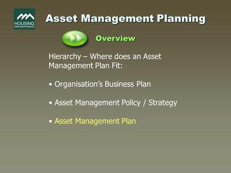 Asset Management Planning Overview Hierarchy – Where does an Asset Management Plan Fit: Organisation’s Business Plan Asset Management Policy / Strategy.