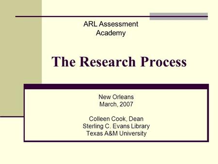 The Research Process New Orleans March, 2007 Colleen Cook, Dean Sterling C. Evans Library Texas A&M University ARL Assessment Academy.