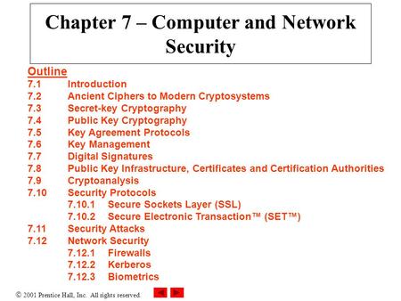  2001 Prentice Hall, Inc. All rights reserved. Chapter 7 – Computer and Network Security Outline 7.1Introduction 7.2Ancient Ciphers to Modern Cryptosystems.
