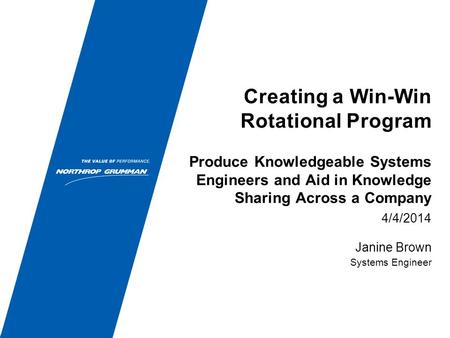 Creating a Win-Win Rotational Program 4/4/2014 Janine Brown Systems Engineer Produce Knowledgeable Systems Engineers and Aid in Knowledge Sharing Across.
