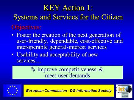 European Commission DGXIII-IST - 1 European Commission - DG Information Society KEY Action 1: Systems and Services for the Citizen Objectives: Foster the.