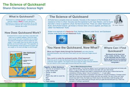 The Science of Quicksand! Sharon Elementary Science Night Quicksand is a colloidal hydrogel consisting of fine granular material. WHAT? In every day terms,