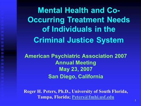 1 Mental Health and Co- Occurring Treatment Needs of Individuals in the Criminal Justice System American Psychiatric Association 2007 Annual Meeting May.