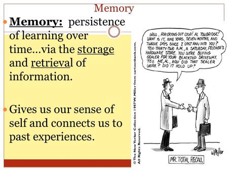 Memory Memory: persistence of learning over time…via the storage and retrieval of information. Gives us our sense of self and connects us to past experiences.