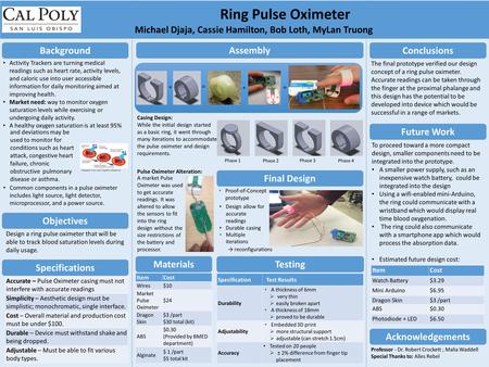 Common components in a pulse oximeter includes light source, light detector, microprocessor, and a power source. Background Objectives Specifications Assembly.