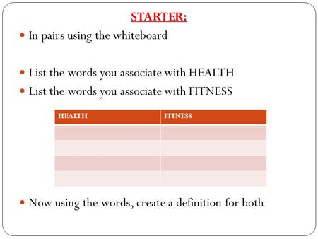 STARTER: In pairs using the whiteboard List the words you associate with HEALTH List the words you associate with FITNESS Now using the words, create a.