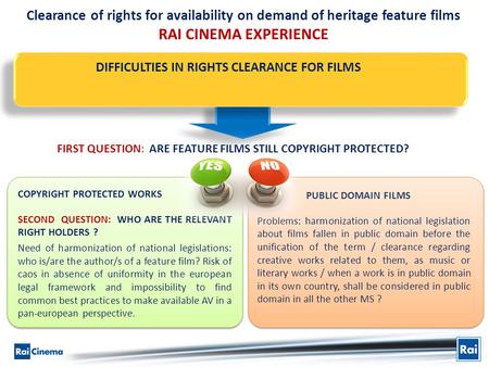 Clearance of rights for availability on demand of heritage feature films RAI CINEMA EXPERIENCE DIFFICULTIES IN RIGHTS CLEARANCE FOR FILMS PUBLIC DOMAIN.