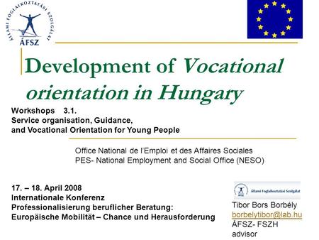 Development of Vocational orientation in Hungary Tibor Bors Borbély ÁFSZ- FSZH advisor Office National de l’Emploi et des Affaires.