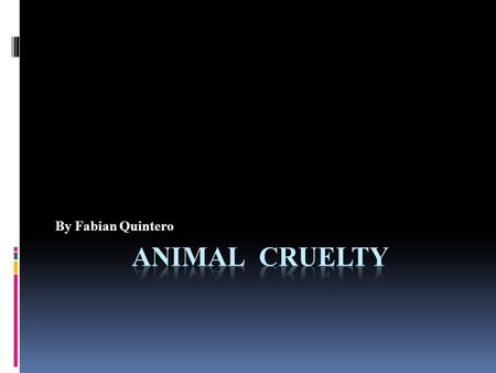 By Fabian Quintero. What is Animal Cruelty?  Animal Cruelty is when someone hurts an animal or does not care for an animal responsibly, like not feeding.