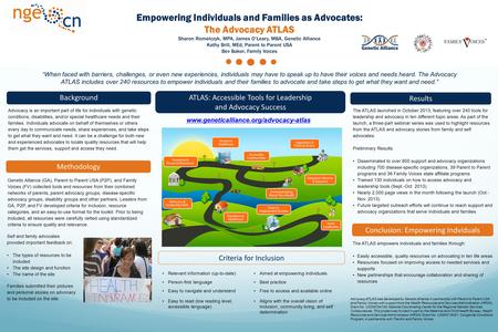 Background Empowering Individuals and Families as Advocates: The Advocacy ATLAS Sharon Romelczyk, MPA, James O’Leary, MBA, Genetic Alliance Kathy Brill,