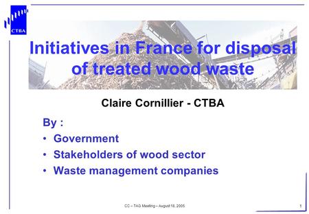 CC – TAG Meeting – August 18, 2005 1 Initiatives in France for disposal of treated wood waste Claire Cornillier - CTBA By : Government Stakeholders of.