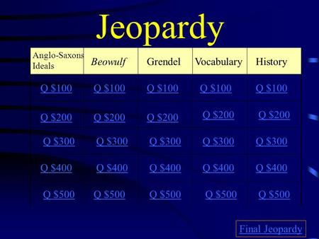 Jeopardy Anglo-Saxons Ideals BeowulfGrendelVocabularyHistory Q $100 Q $200 Q $300 Q $400 Q $500 Q $100 Q $200 Q $300 Q $400 Q $500 Final Jeopardy.