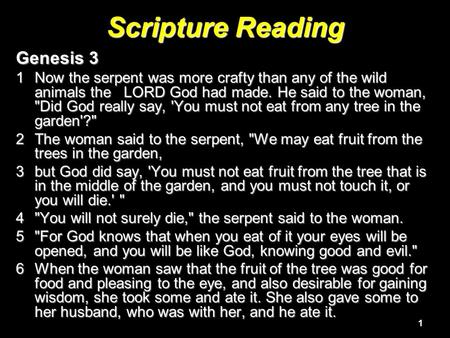 1 Scripture Reading Genesis 3 1Now the serpent was more crafty than any of the wild animals the LORD God had made. He said to the woman, Did God really.