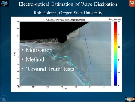 Motivation Method ‘Ground Truth’ tests Electro-optical Estimation of Wave Dissipation Rob Holman, Oregon State University.