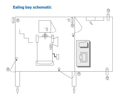 Ealing bay schematic.  Door lock, chock or tie-down  Light switch – dual for white & red lights  Power switch  Circuit breaker  Telescope drive clutch.