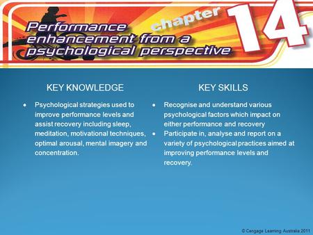 KEY KNOWLEDGEKEY SKILLS  Psychological strategies used to improve performance levels and assist recovery including sleep, meditation, motivational techniques,