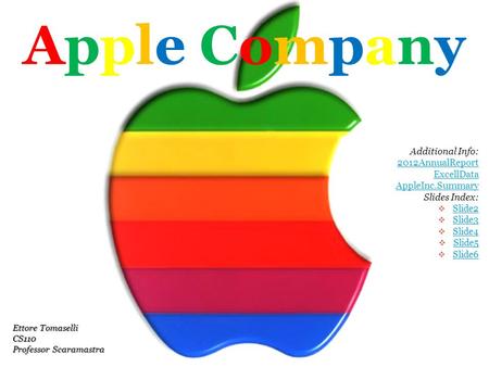 Apple CompanyApple Company Additional Info: 2012AnnualReport ExcellData AppleInc.Summary Slides Index:  Slide2 Slide2  Slide3 Slide3  Slide4 Slide4.