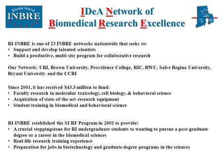 IDeA Network of Biomedical Research Excellence RI-INBRE is one of 23 INBRE networks nationwide that seeks to: Support and develop talented scientists Build.