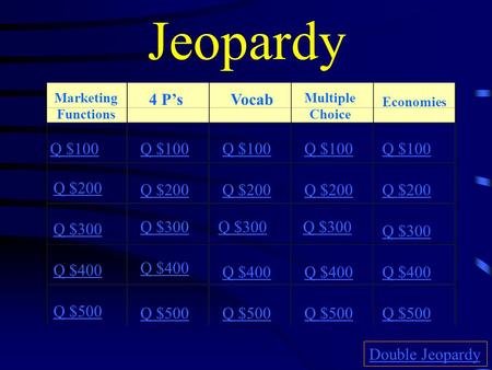 Jeopardy Q $100 Q $200 Q $300 Q $400 Q $500 Q $100 Q $200 Q $300 Q $400 Q $500 Double Jeopardy Marketing Functions 4 P’sVocab Multiple Choice Economies.