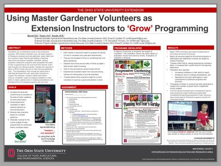 Using Master Gardener Volunteers as Extension Instructors to ‘Grow’ Programming Barrett, E.E. 1 ; Kneen, H.H. 2 ; Snyder, W.R. 3 1 Extension Educator,