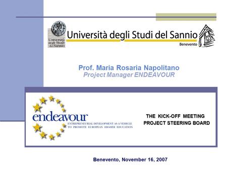 THE KICK-OFF MEETING PROJECT STEERING BOARD Prof. Maria Rosaria Napolitano Project Manager ENDEAVOUR Benevento, November 16, 2007.
